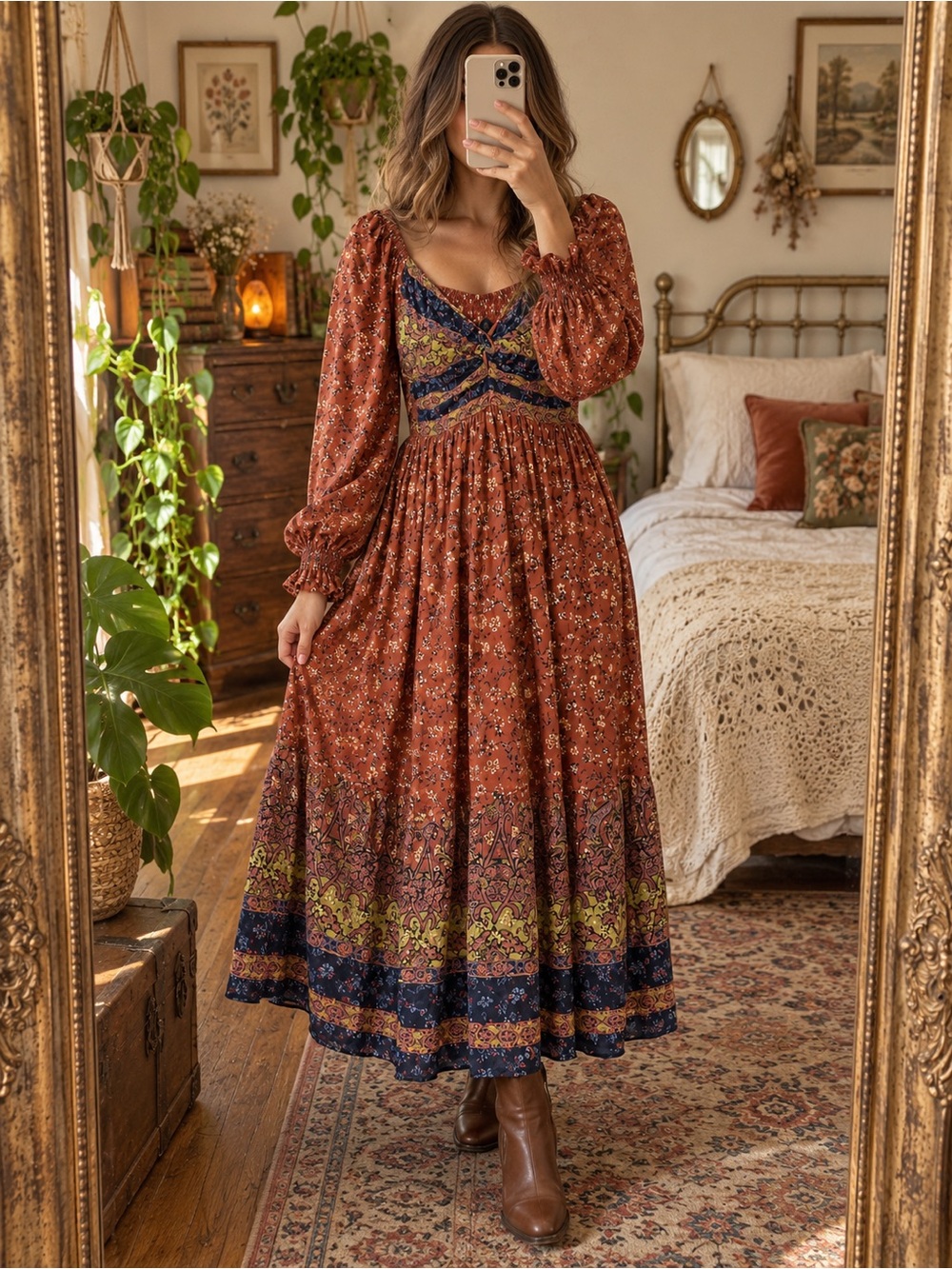 Boho Long Sleeve Floral Maxi Dress in Rust